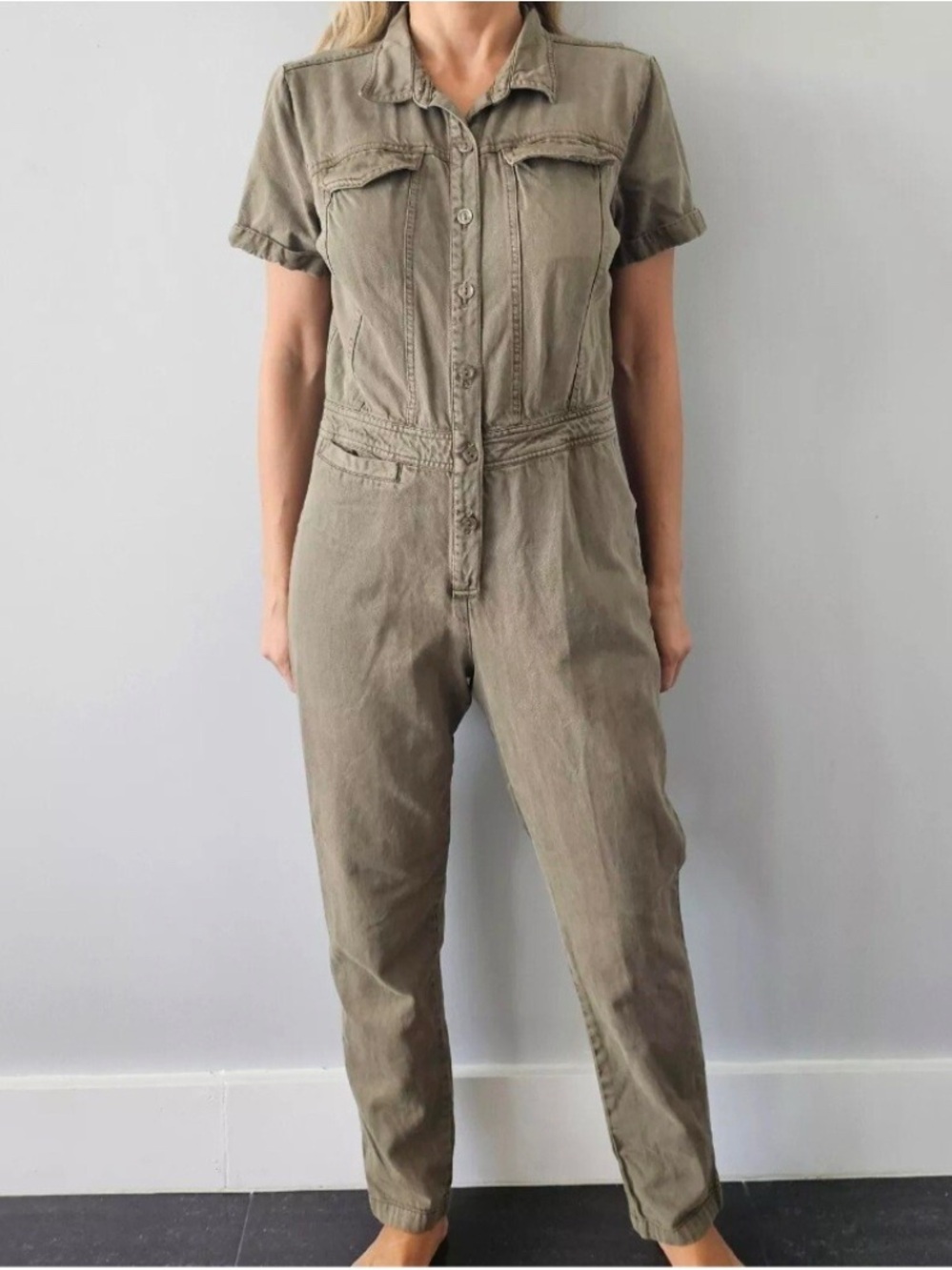Short-Sleeve Utility Jumpsuit in Olive Green